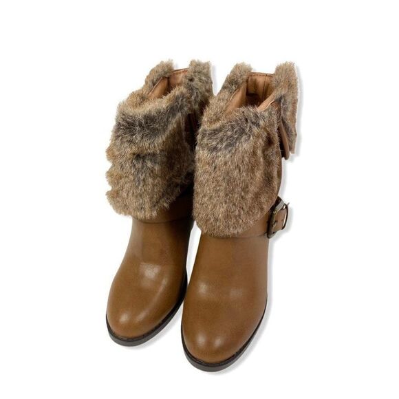 Justfab fur trim heeled Taupe booties - Picture 1 of 8
